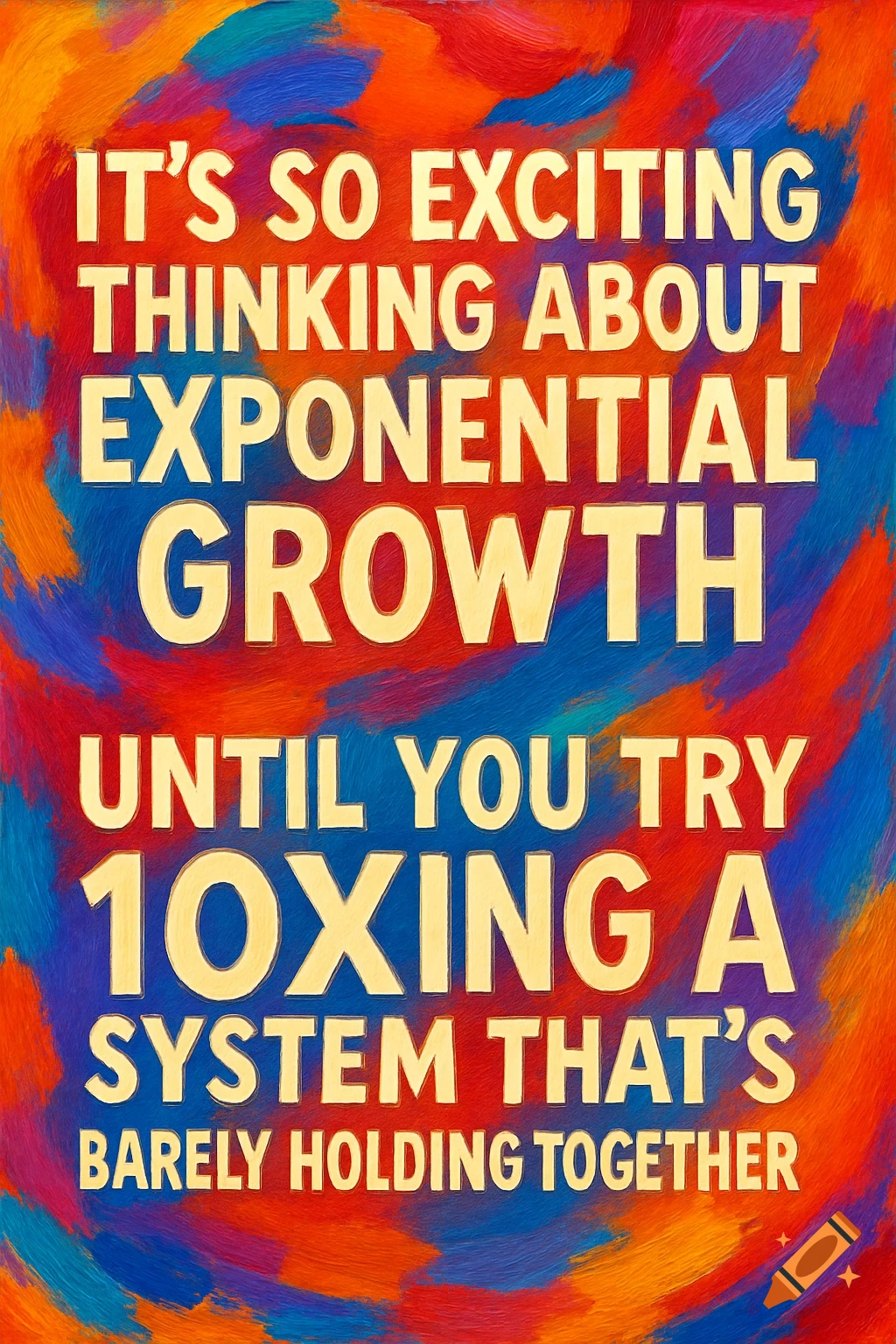 A vibrant, colorful abstract painting with the quote 'IT'S SO EXCITING THINKING ABOUT EXPONENTIAL GROWTH UNTIL YOU TRY 10XING A SYSTEM THAT'S BARELY HOLDING TOGETHER' in gold text.