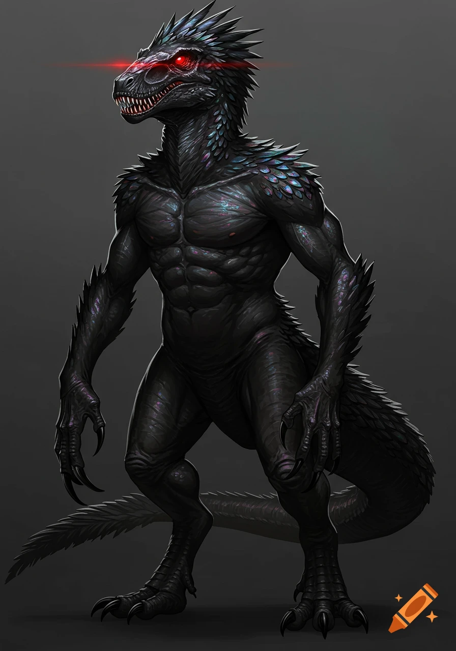 A muscular, dark dinosaur-like creature with glowing red eyes, iridescent scales, and sharp claws stands predatory.