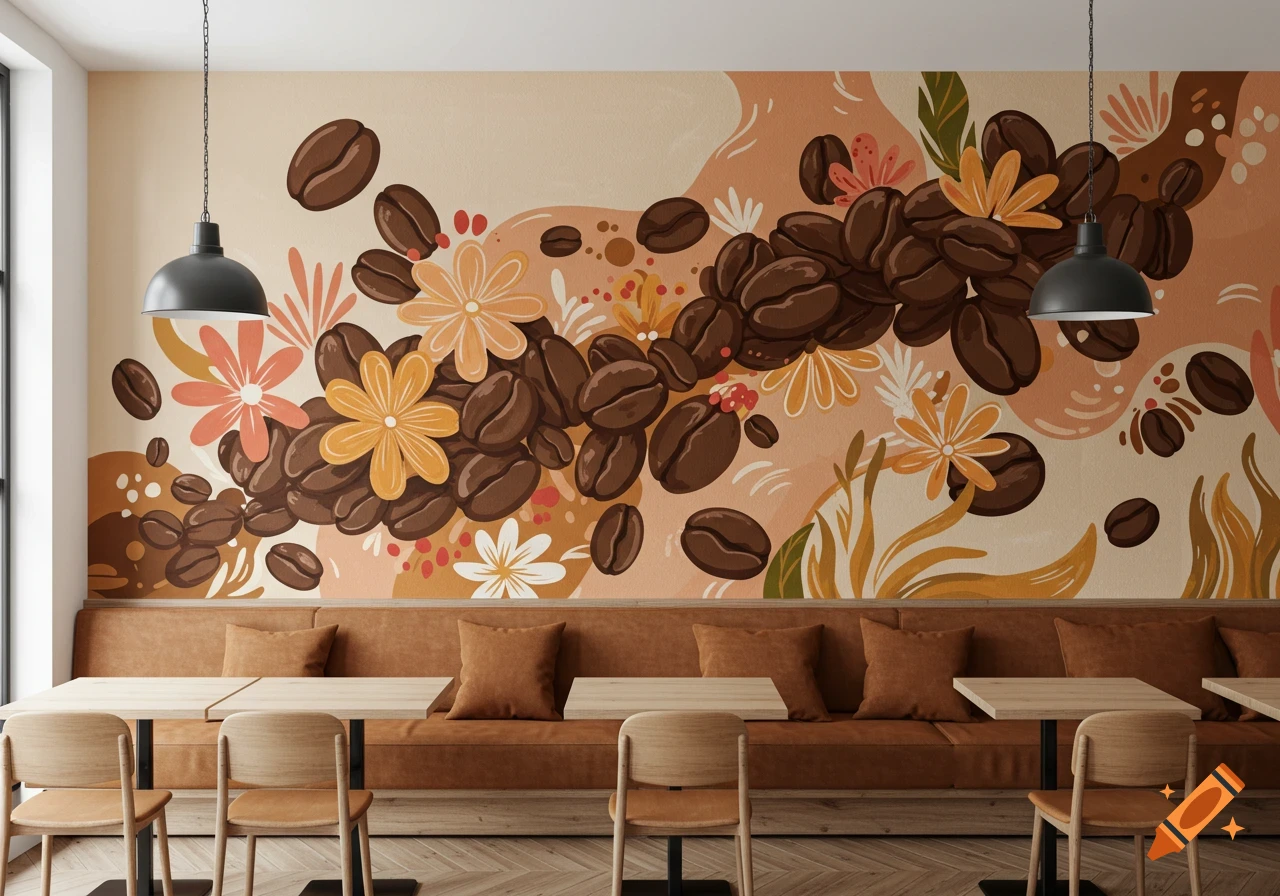 A cafe interior with a large, colorful wall mural featuring coffee beans and flowers above wooden tables and a brown booth.