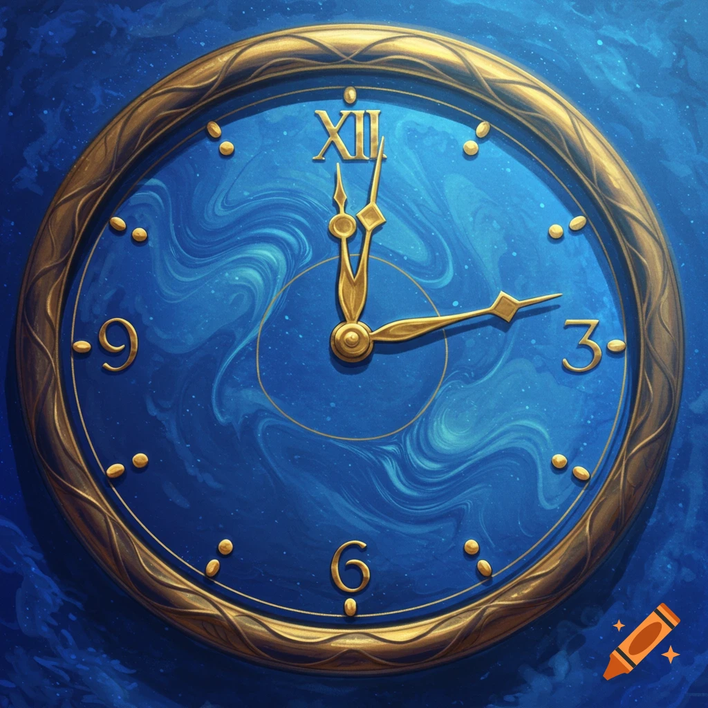 An ornate golden clock with a blue swirled face, showing the time 3:00 with golden hands and Roman numeral XII.