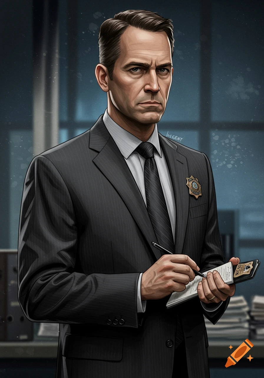An illustrated portrait of a serious man in a dark pinstripe suit, holding a notepad and pen, with a badge on his lapel, in an office setting.