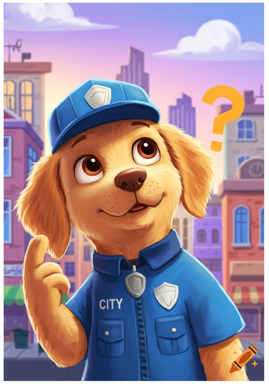 A cute cartoon golden retriever puppy in a blue police uniform with a question mark over its head, in a stylized city.
