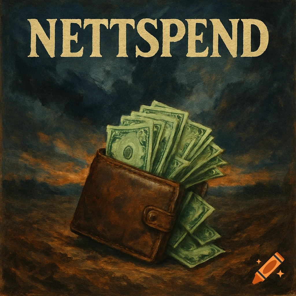 An oil painting of a brown wallet overflowing with green bills under a dark sky, with 'NETTSPEnd' at the top.