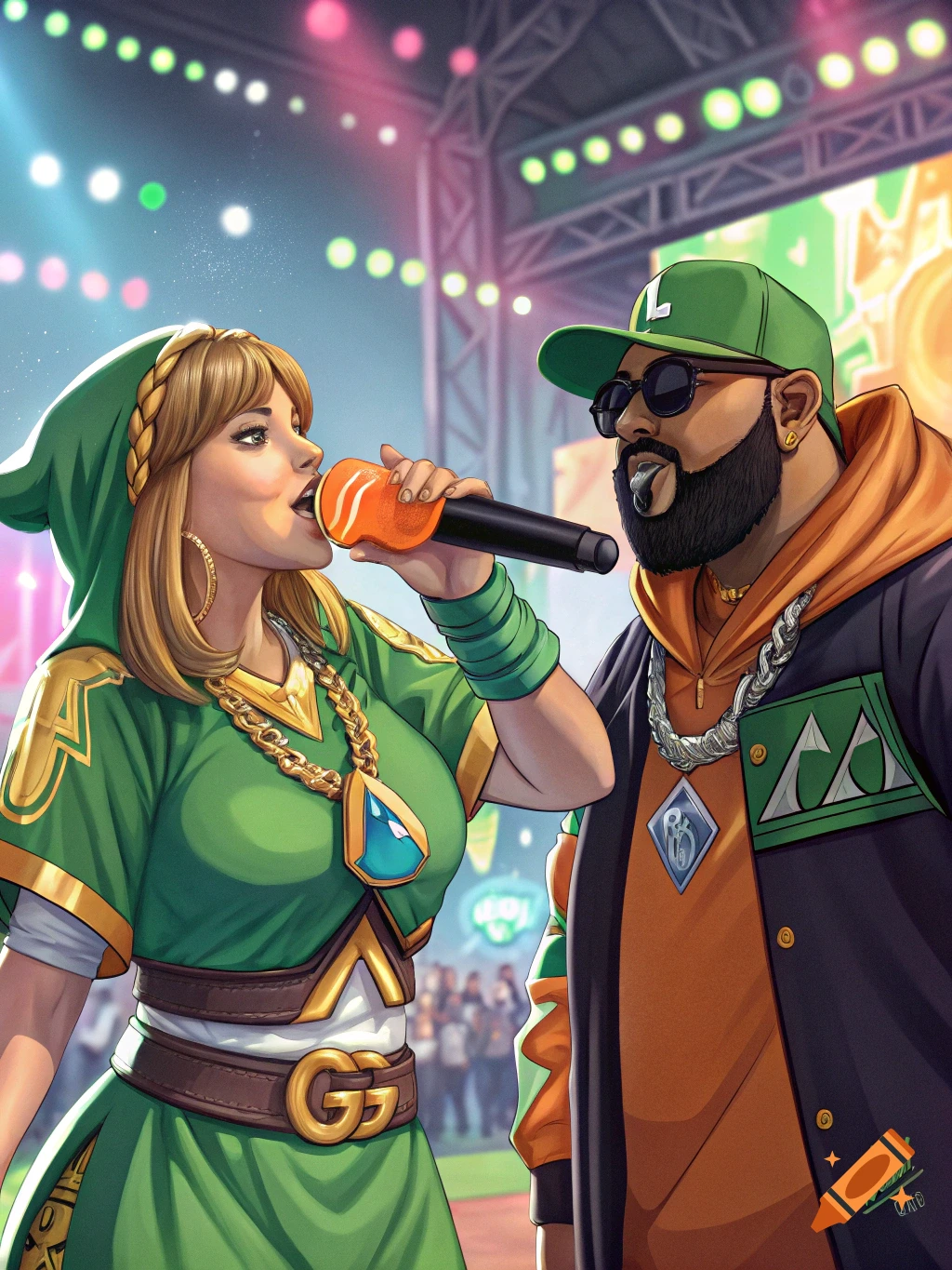 Stylized illustration of a female character resembling Link from Zelda in a green tunic and a male character resembling DJ Khaled in street clothes on a concert stage with spotlights. The female character is singing into an orange microphone.