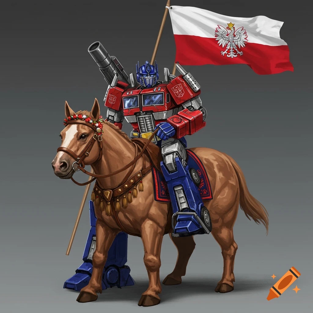 Optimus Prime riding a horse and holding a Polish flag.
