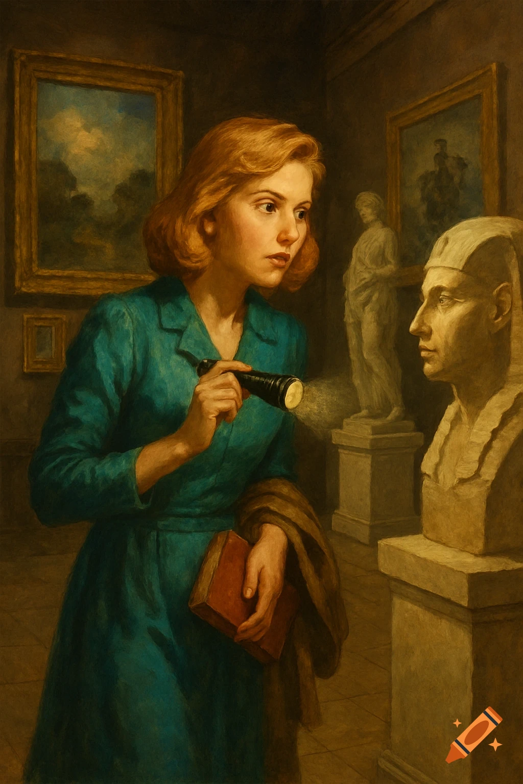 A woman with a flashlight and book inspects an ancient bust in a dimly lit museum, painted in a realistic style.