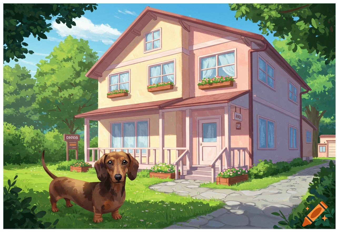 A brown dachshund stands on a green lawn in front of a colorful animated house with trees.