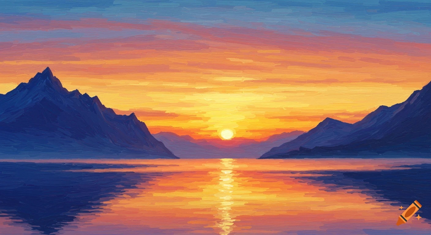 Vibrant oil painting of a sunrise over a calm body of water, flanked by dark mountains under an orange and blue sky.