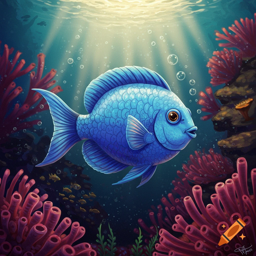 A stylized blue fish swims in a vibrant underwater scene with red coral and shafts of light from above.