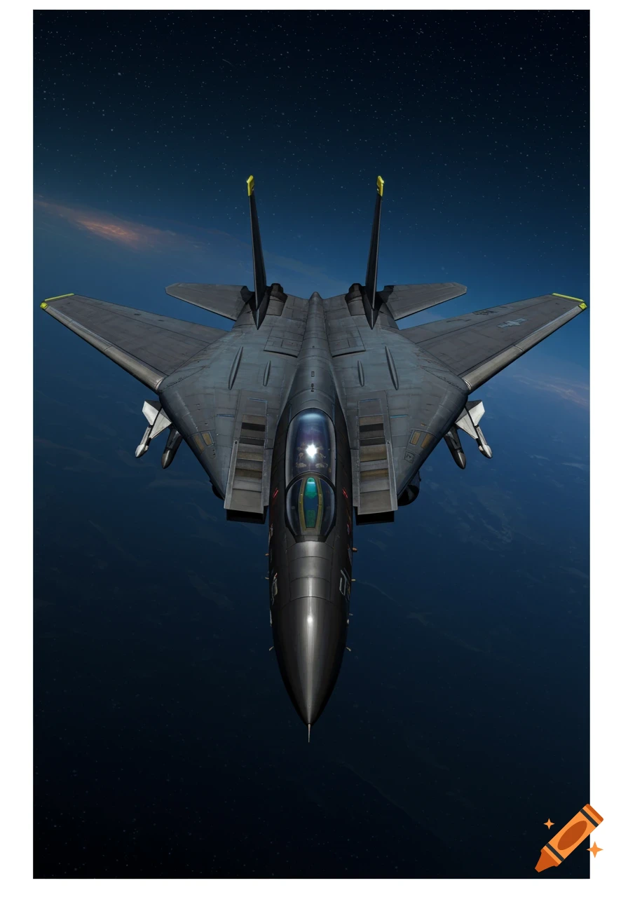 A dark gray F-14 fighter jet with a stealth coating flies directly towards the viewer against a dark blue, star-filled sky.