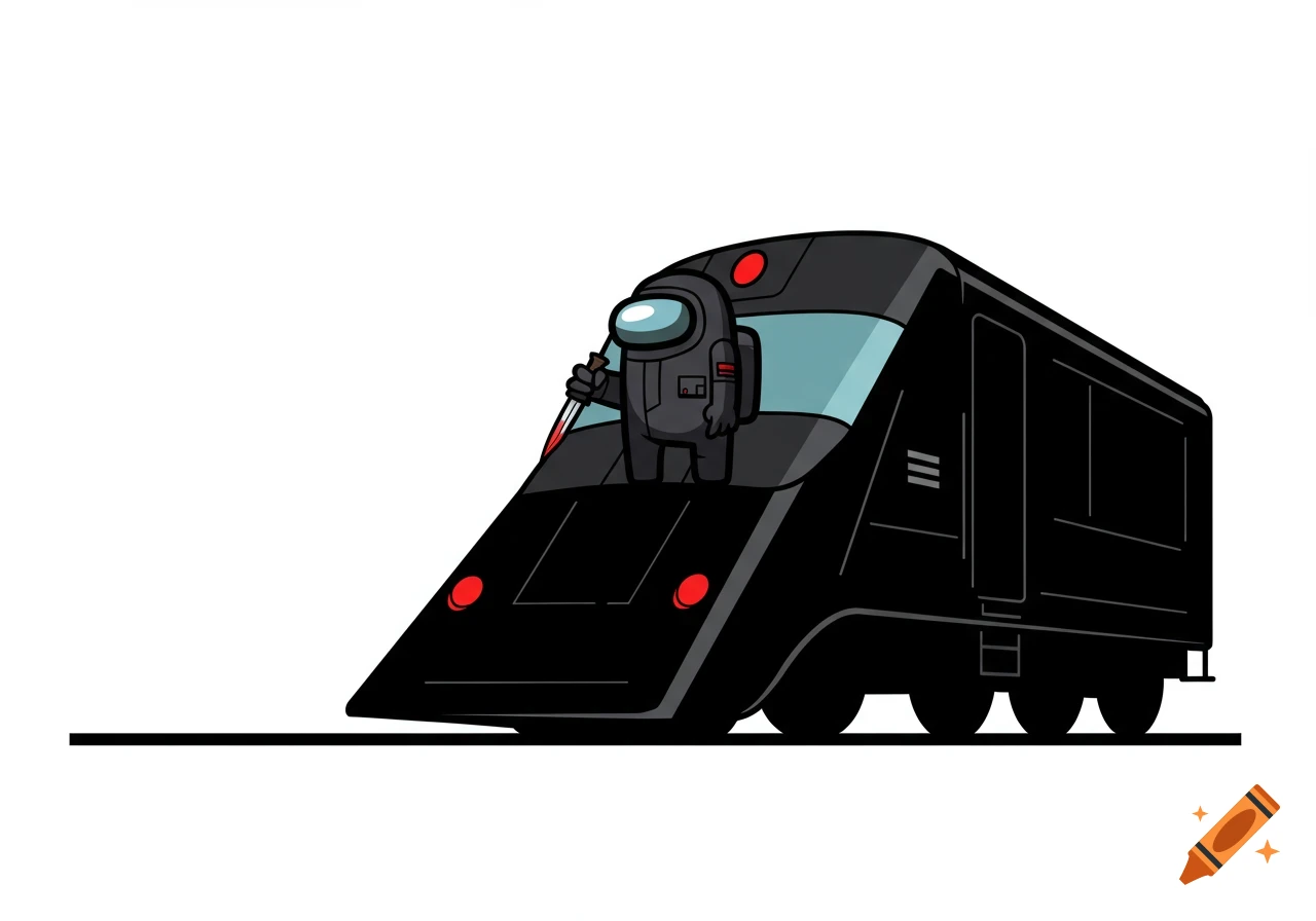 A black Among Us character with a knife stands on a black train in a cartoon illustration.