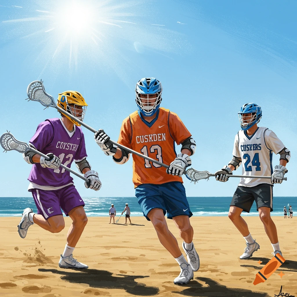 Illustrative image of three male lacrosse players in colorful uniforms running on a sandy beach with the ocean in the background.
