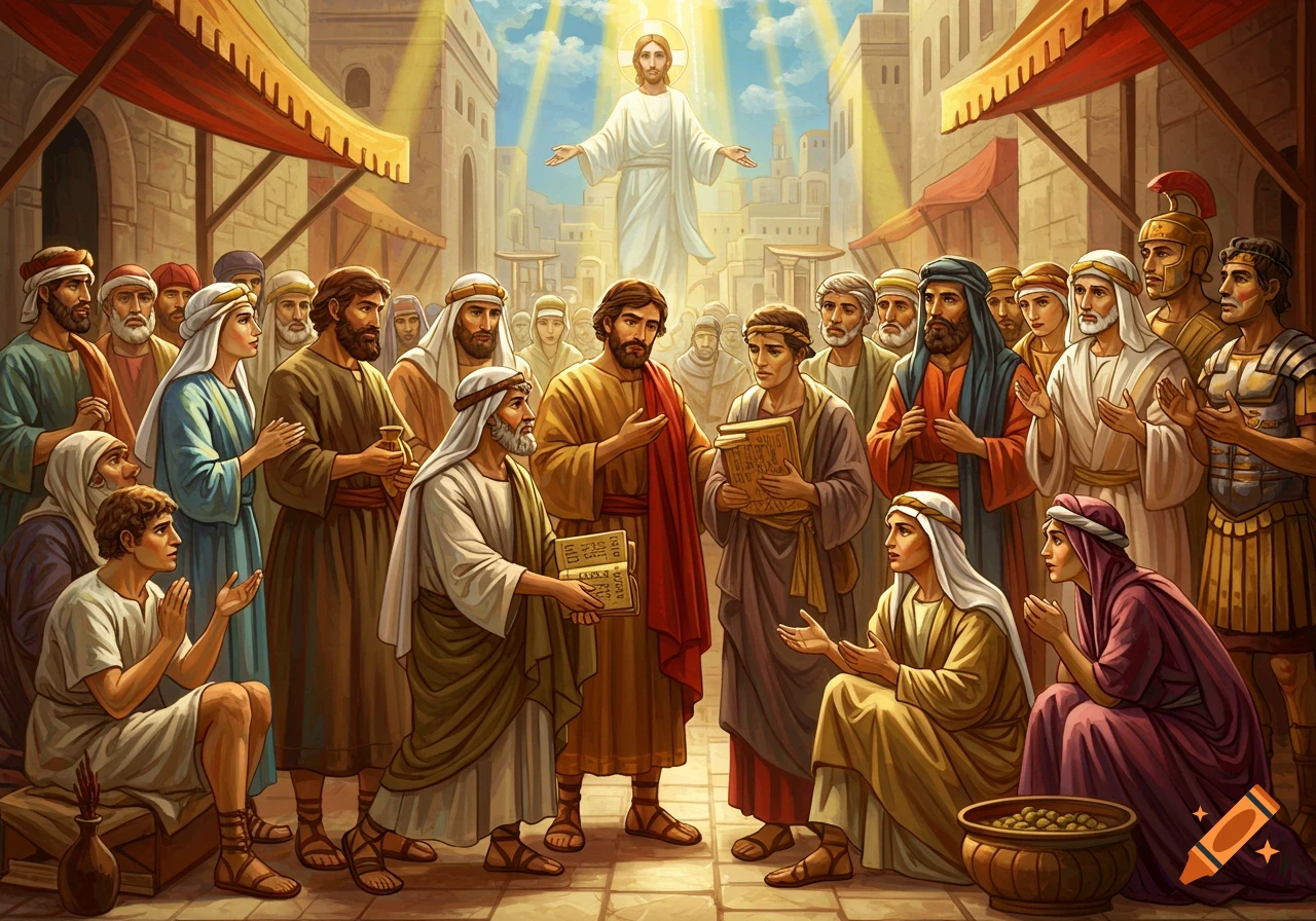 Jesus floats above a crowd of followers in an ancient city street, bathed in radiant light, as some disciples hold books.