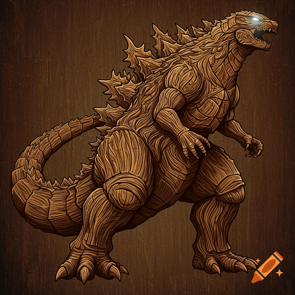 Godzilla depicted as if carved from wood, with intricate wooden lines and glowing eyes against a wooden background.