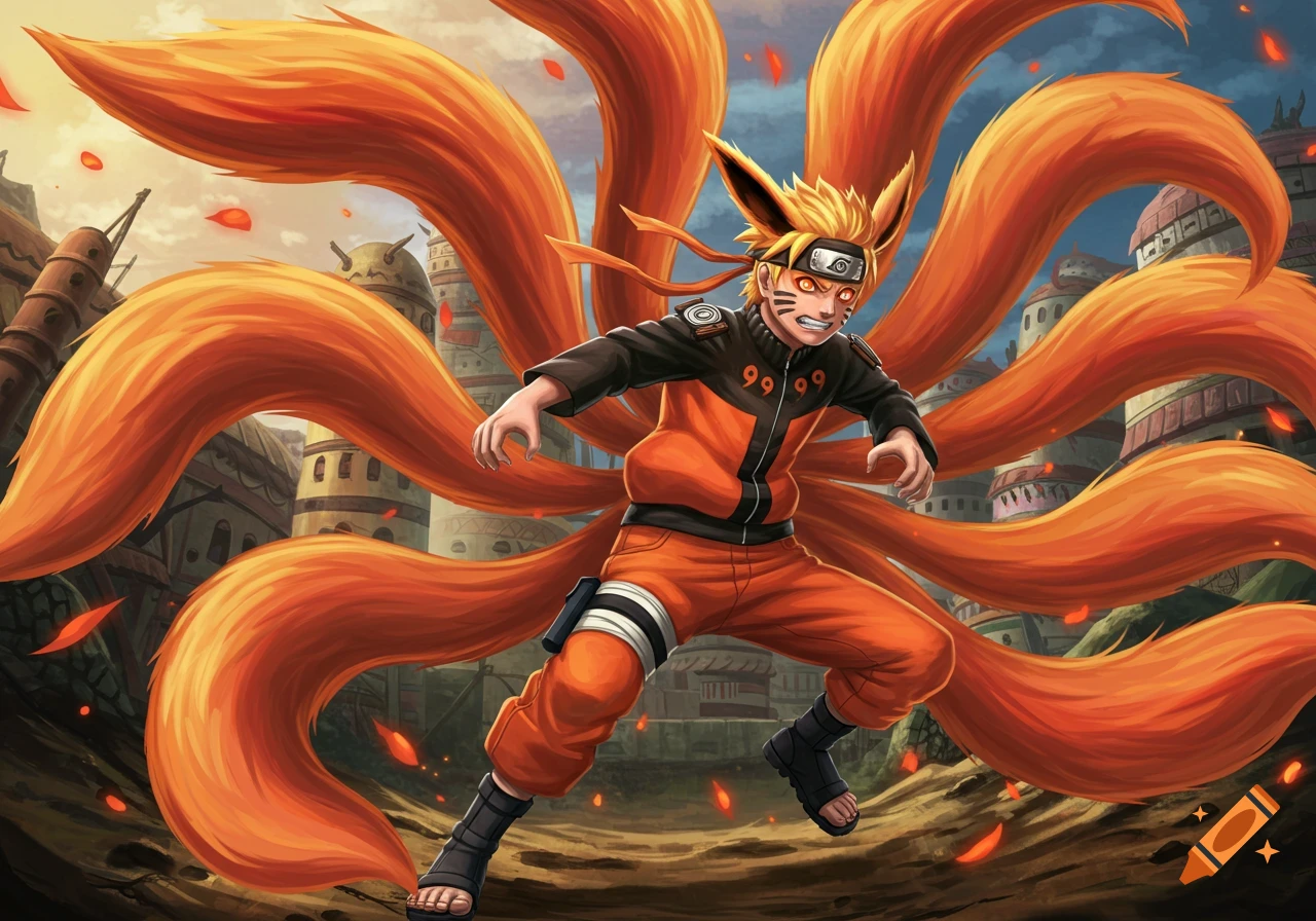 Naruto with spiky blonde hair, fox ears, and nine large orange tails, stands in an action pose against a village background, with small red elements floating around.