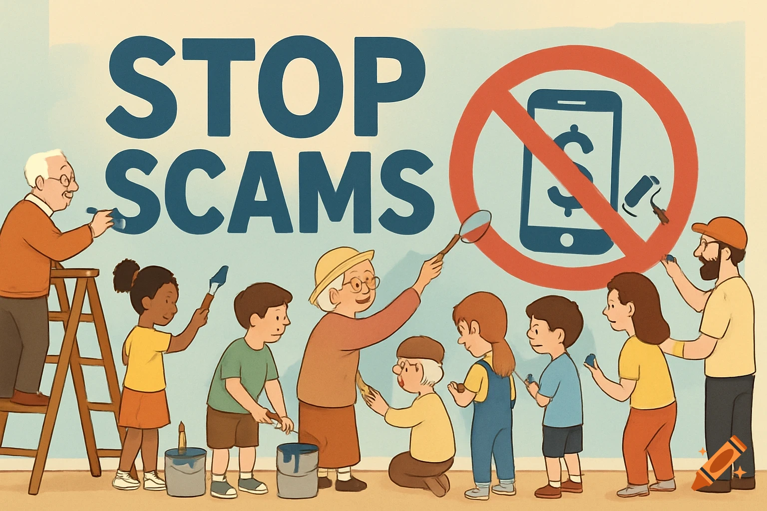 Cartoon illustration of diverse people, including kids and elderly, painting a 'STOP SCAMS' mural and a 'no phone scams' symbol.