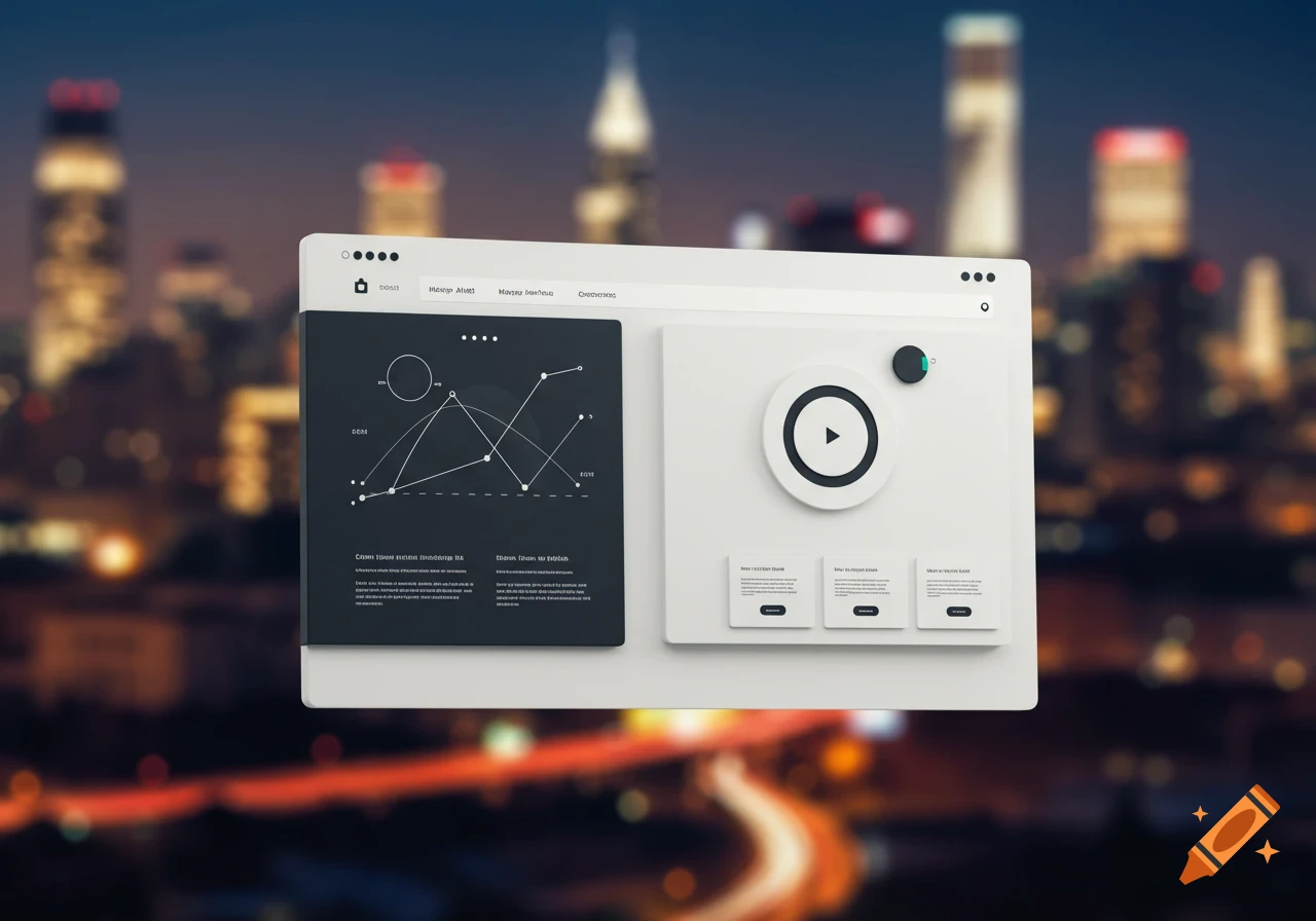 A floating white 3D website UI window with dark and light panels, featuring a line graph and a play button icon, against a blurred night city background.