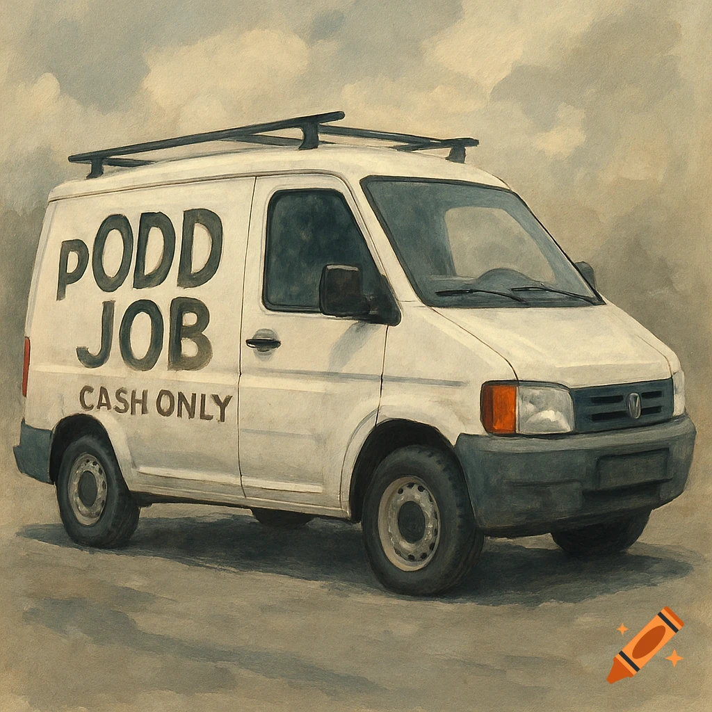 A white tradesman's van with a roof rack and the text 'PODD JOB CASH ONLY' painted on its side, in a painterly style.