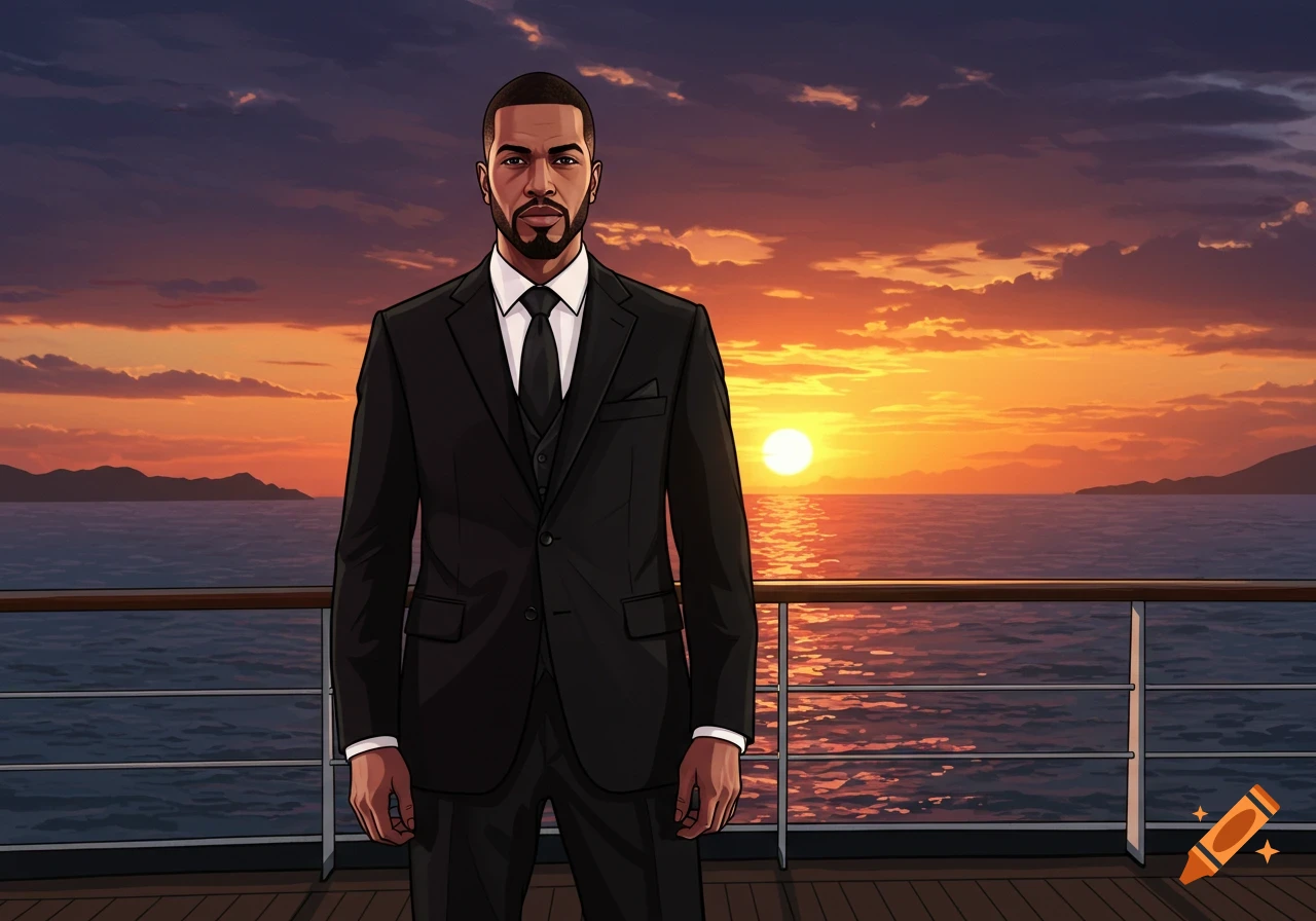 A stylized illustration of a confident man in a black tuxedo on a cruise ship deck at sunset, in Grand Theft Auto style.