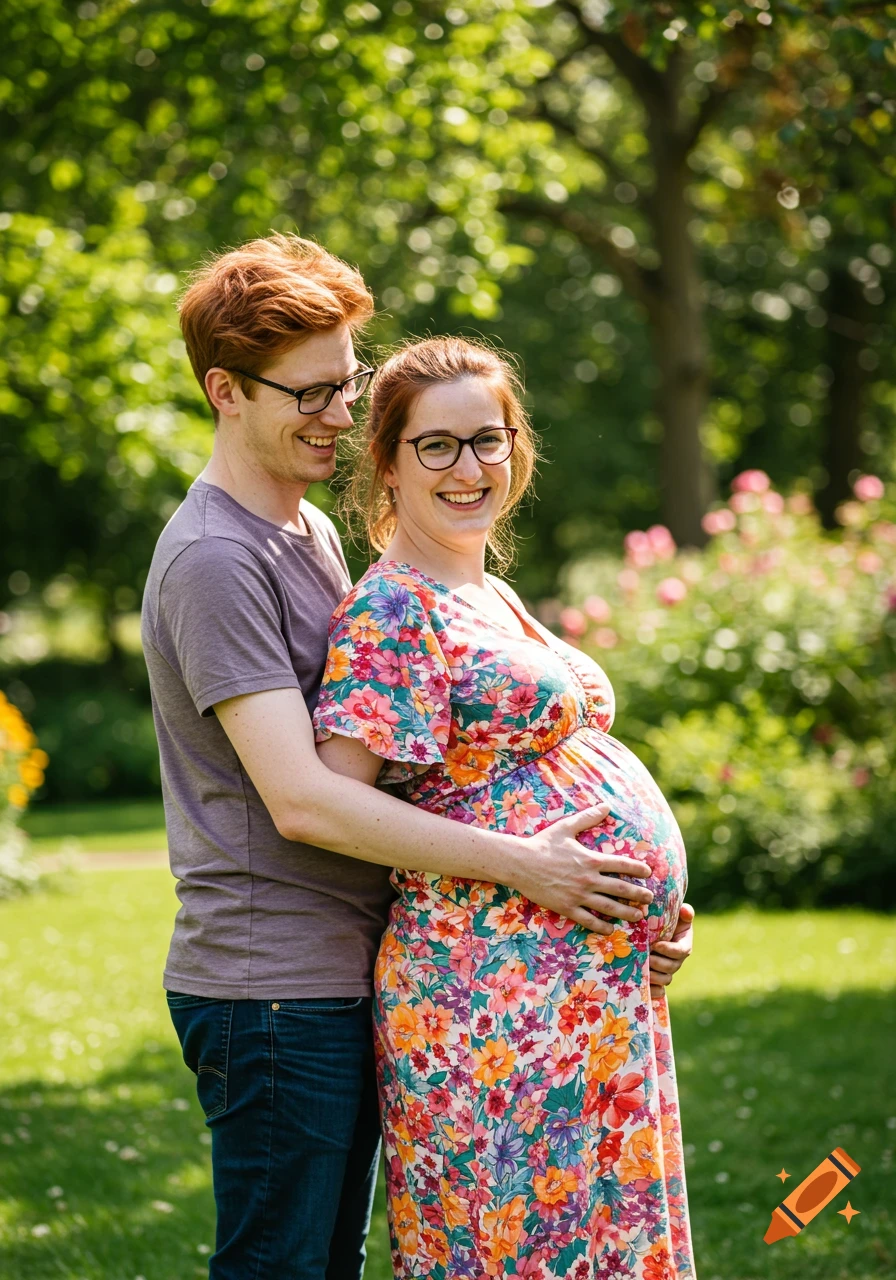 A smiling man embraces his pregnant wife in a sunny park.