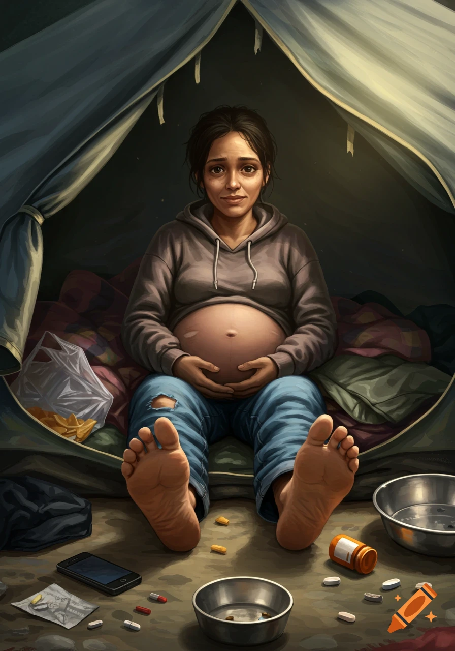 An illustration of a pregnant woman sitting inside a tent, looking sad, with bare feet, a phone, and pills on the ground.