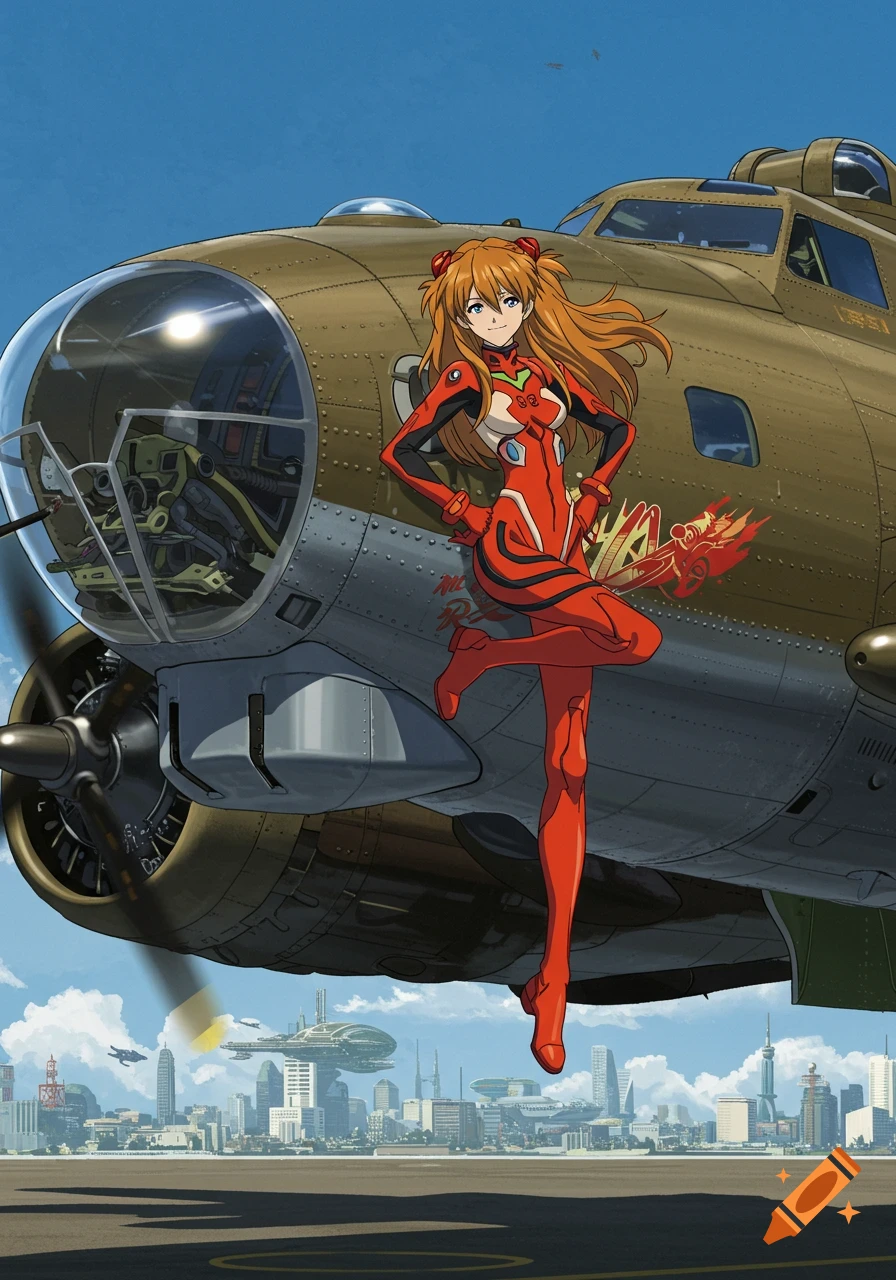 Anime character Asuka Langley in a red plugsuit standing against a bomber plane, with a futuristic city in the background.