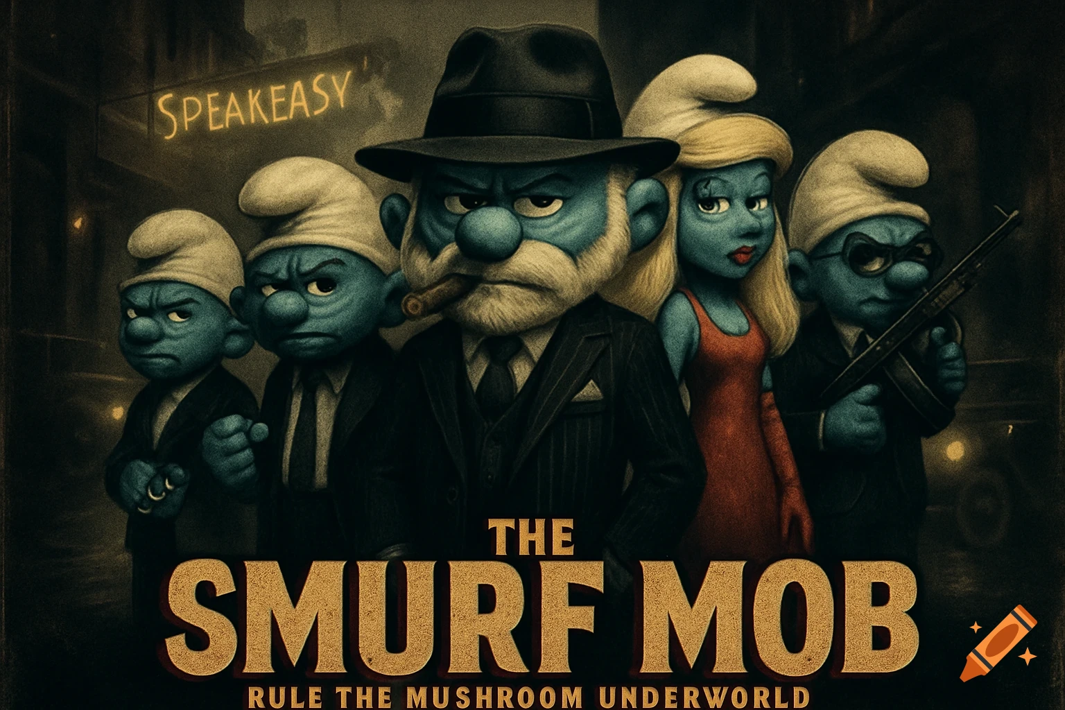 A vintage style movie poster featuring Smurf characters as a 1930s gangster mob, with text 'THE SMURF MOB'.