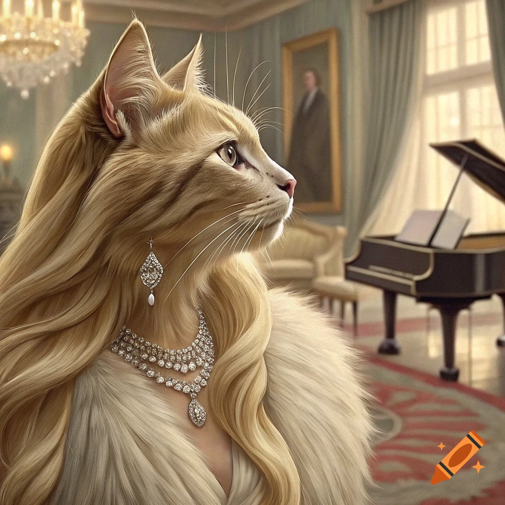 A photorealistic image of a cat with long blonde hair, diamond jewelry, and a fur stole, in a luxurious room.
