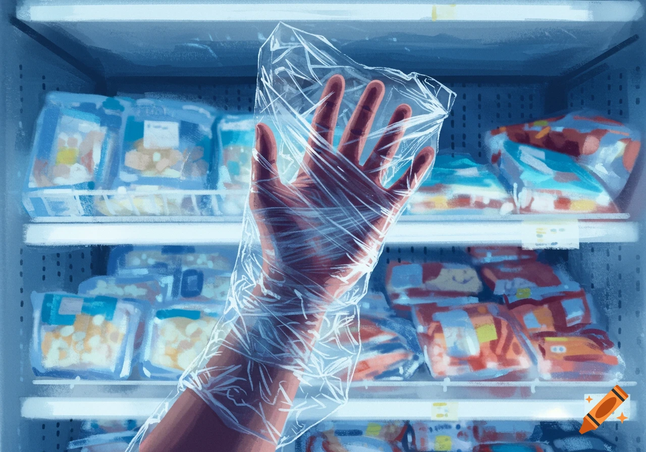 A hand wrapped in clear plastic cling film inside a freezer, surrounded by blurry packaged food items.
