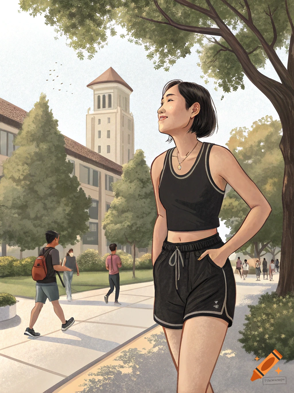 An Asian college student in a black crop top and shorts smiles while walking on a sunny campus path, with buildings and trees in the background, in an illustrated style.