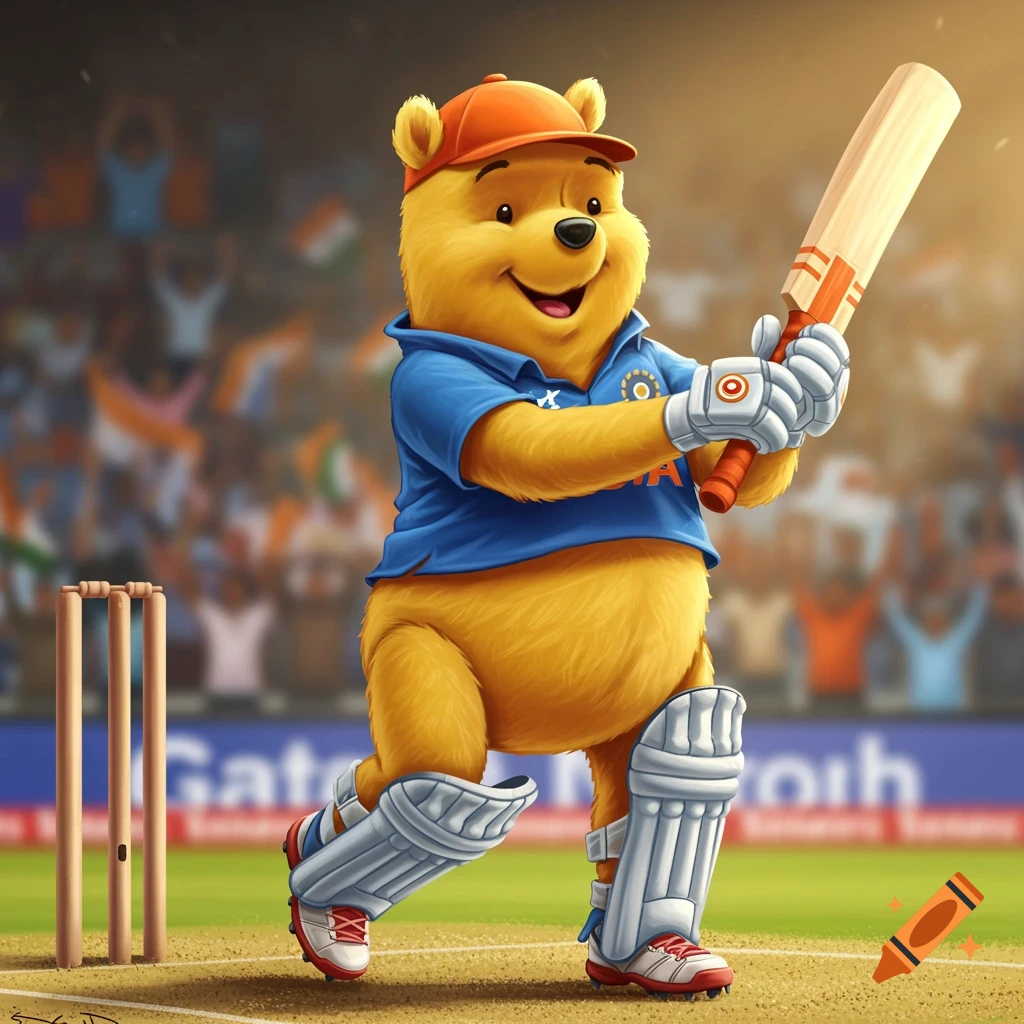 Cartoon Winnie the Pooh in an orange cap and blue India cricket uniform, holding a bat and wearing pads, on a cricket field with a blurred stadium background.