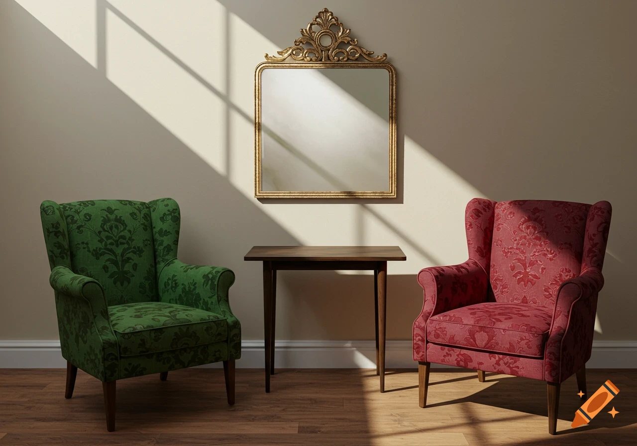 Two ornate upholstered chairs, green and red, flank a wooden table beneath a gold mirror in a sunlit room.