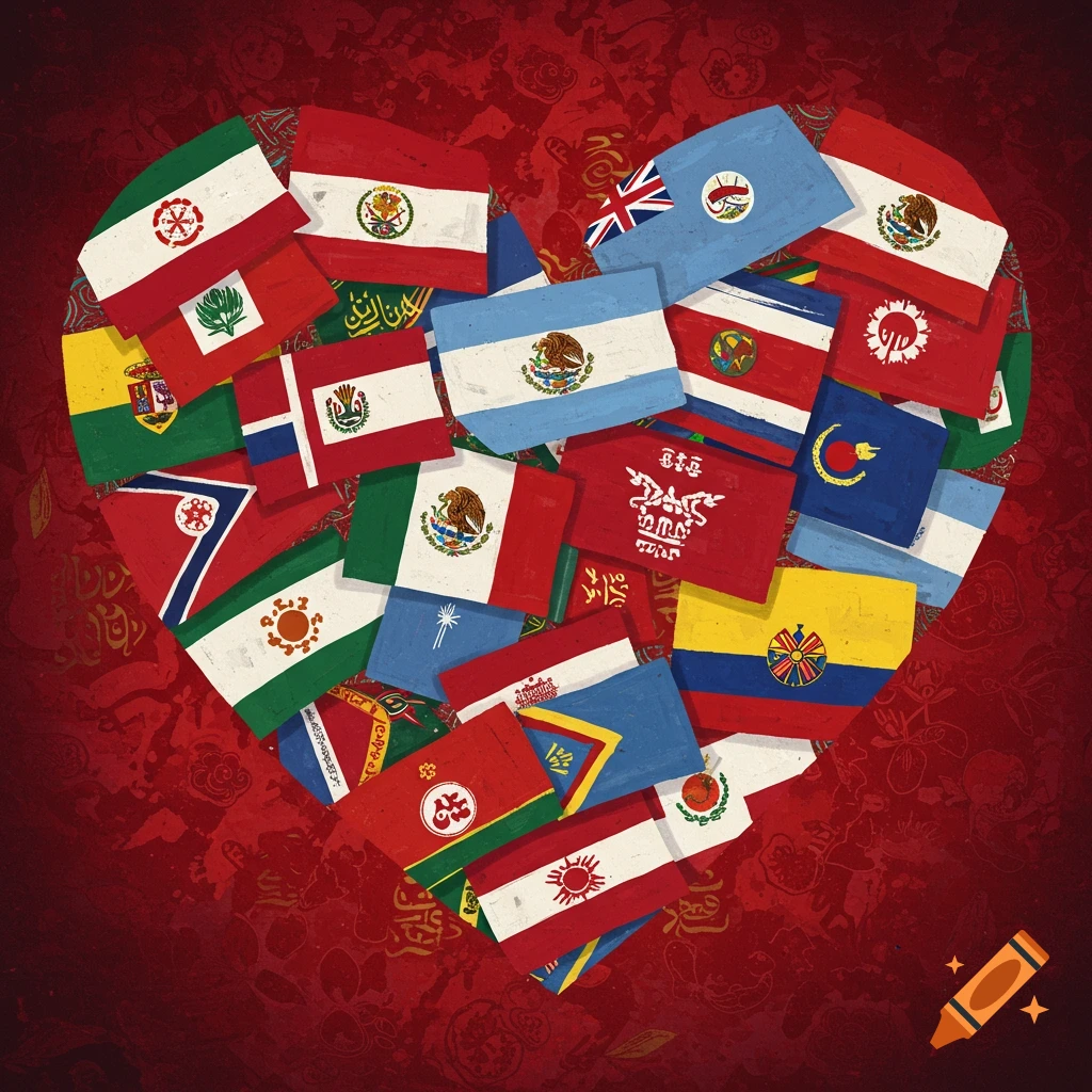 A heart-shaped collage of various stylized flags, primarily from Hispanic/Latino and Asian countries, against a red patterned background.