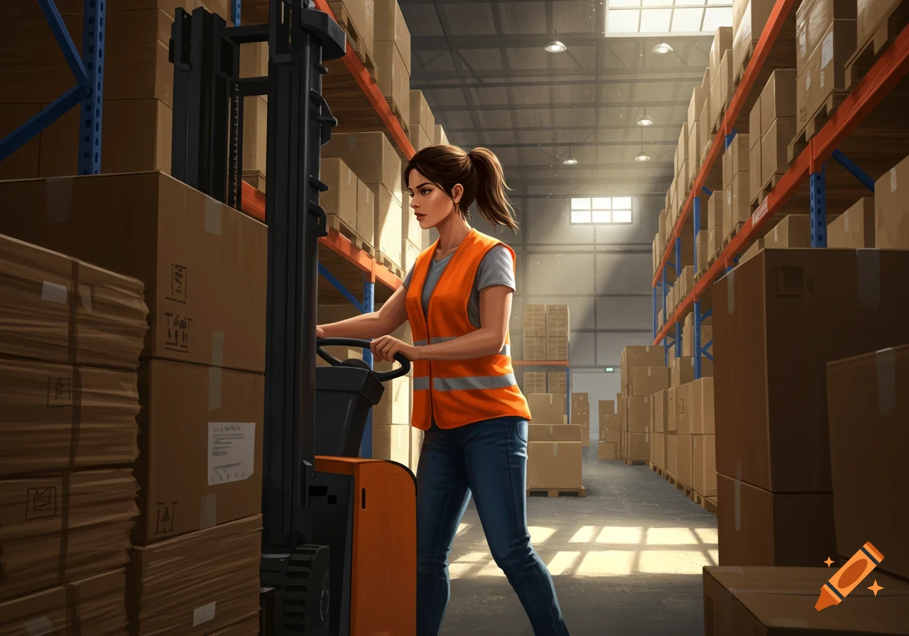 A young woman in an orange safety vest and jeans operates a pallet jack in a brightly lit warehouse filled with stacks of cardboard boxes.
