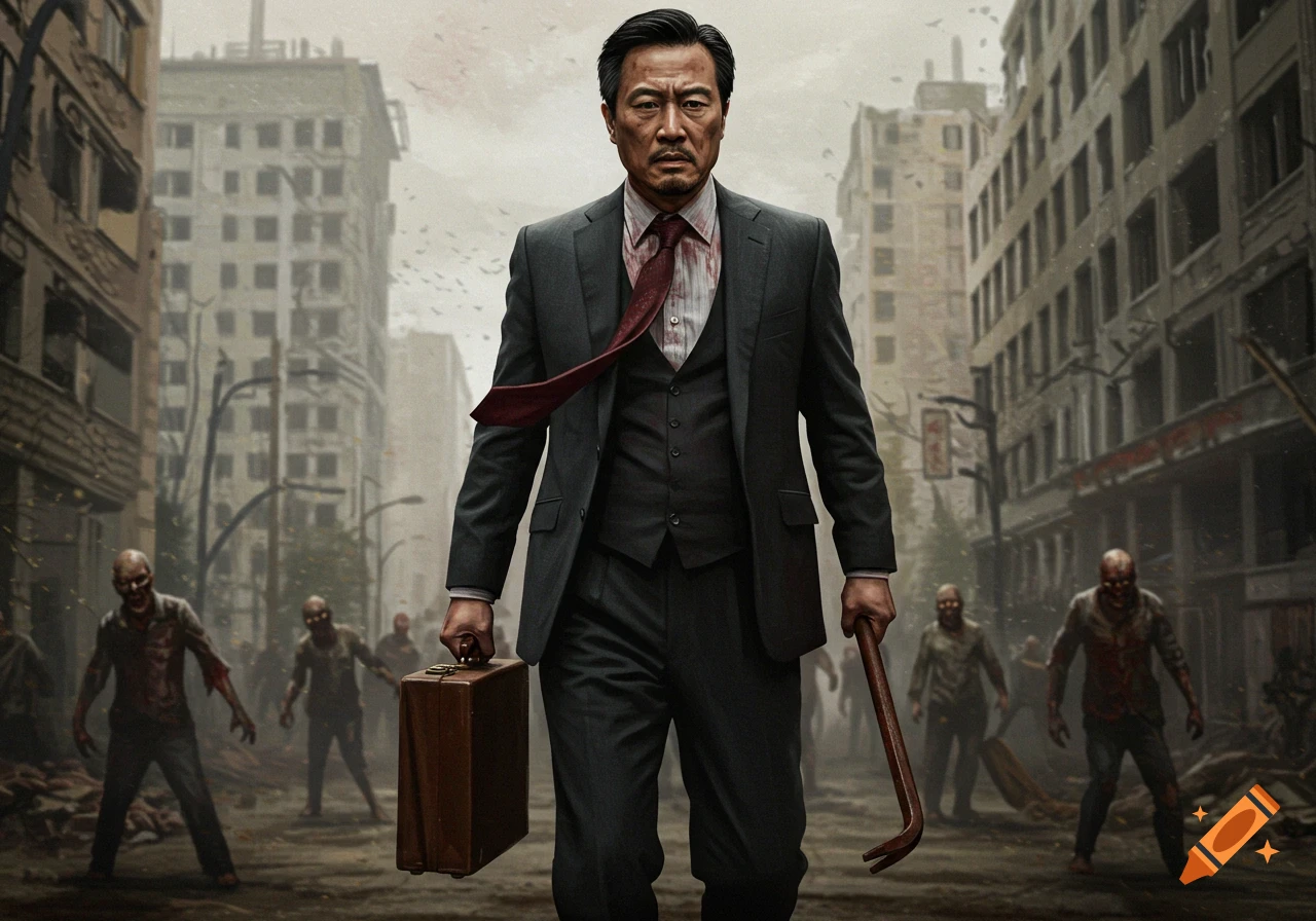 A determined man in a suit with a bloody shirt, carrying a briefcase and crowbar, walks through a destroyed city with zombies in the background. Photorealistic style.