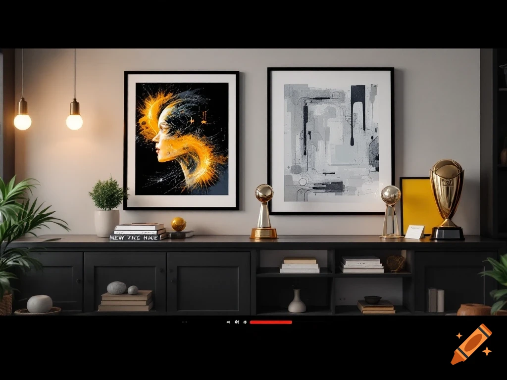 A modern living room with a black console cabinet, framed abstract art, a stylized golden head portrait, books, and gold trophies.