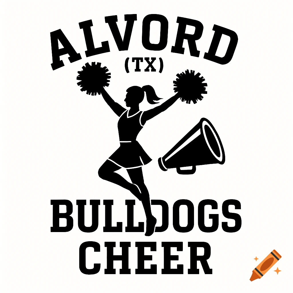 A black and white logo featuring a silhouette of a cheerleader holding pom-poms, next to a megaphone. Text reads "ALVORD (TX) BULLDOGS CHEER".