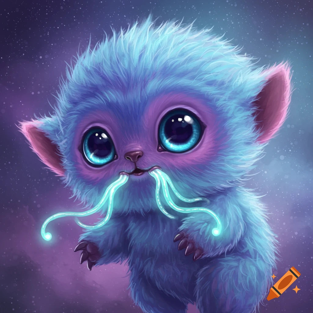 A small, fluffy blue and purple alien with large glowing eyes and glowing blue tendrils emitting from its mouth, against a starry cosmic background.