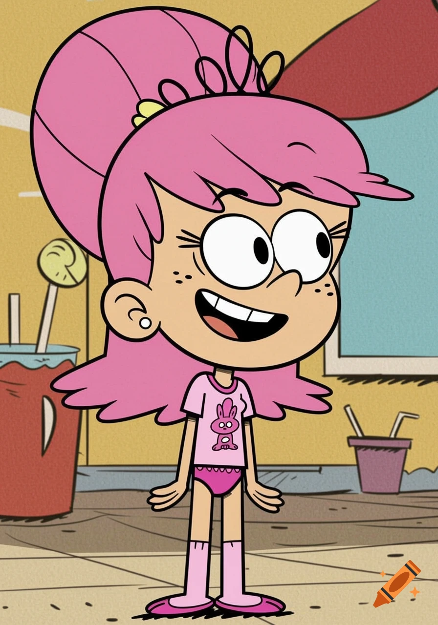 Lola Loud in a pink t-shirt with a bunny, pink bottoms, and socks, smiling in a cartoon setting.
