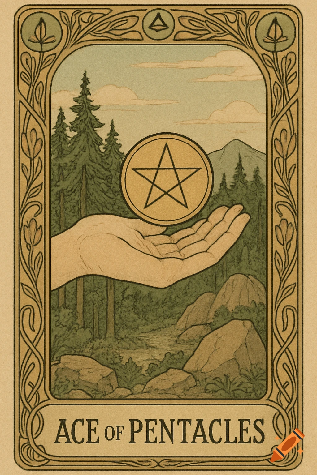 An Art Nouveau style tarot card depicting an open hand holding a pentacle coin in a forest with mountains and 'ACE of PENTACLES' text.