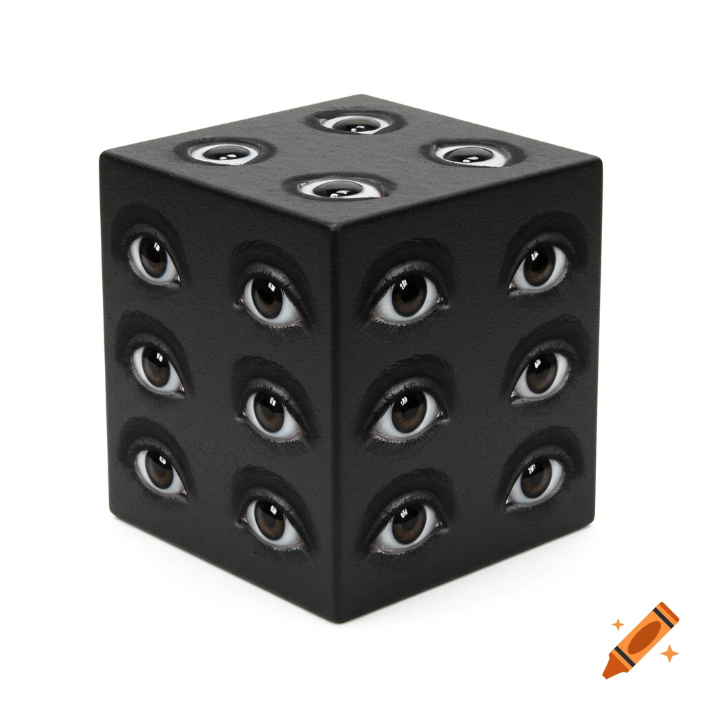 A black cube with multiple realistic human eyes embedded on its visible faces, set against a plain white background.