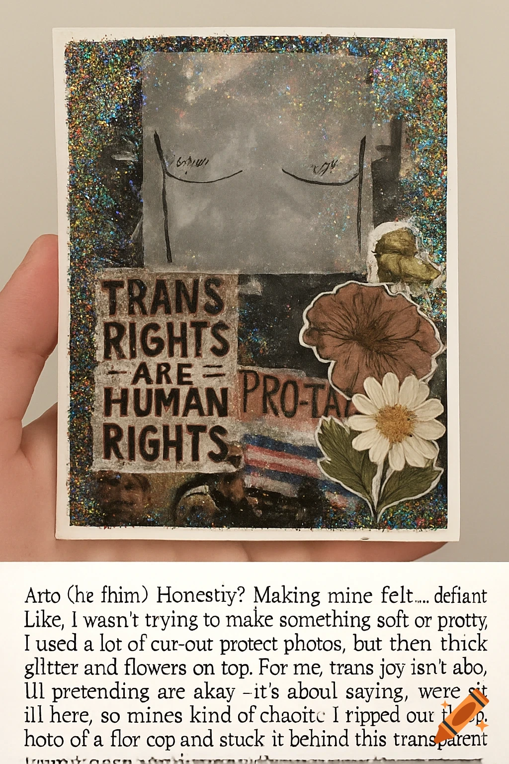 Trans Rights Aclu Collage A collage artwork held in a hand, featuring 'TRANS RIGHTS ARE HUMAN ...