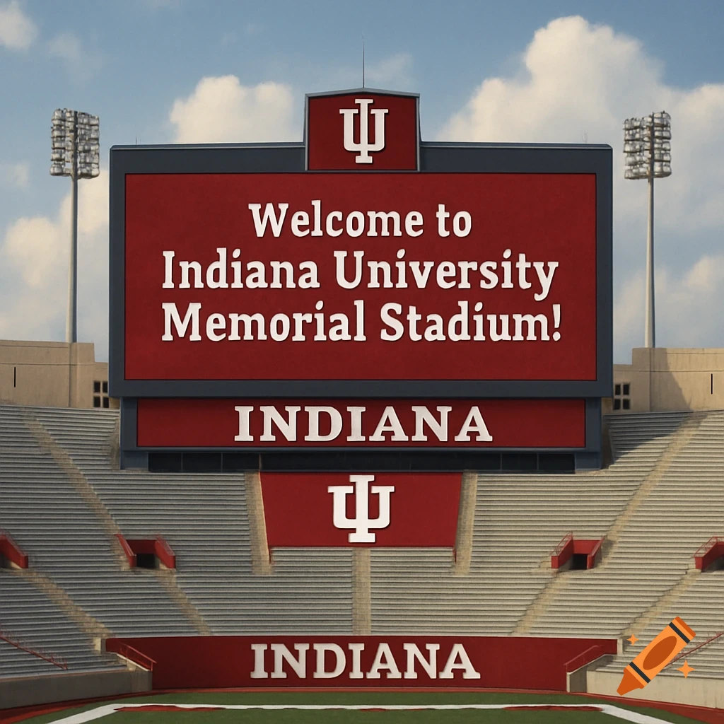 Photorealistic view of the large videoboard at Indiana University Memorial Stadium displaying "Welcome to Indiana University Memorial Stadium!".