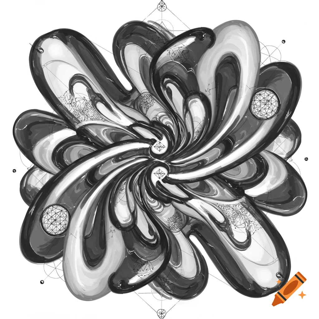 An abstract, fluid black and white shape with a shiny, reflective appearance, overlaid with intricate sacred geometry patterns.