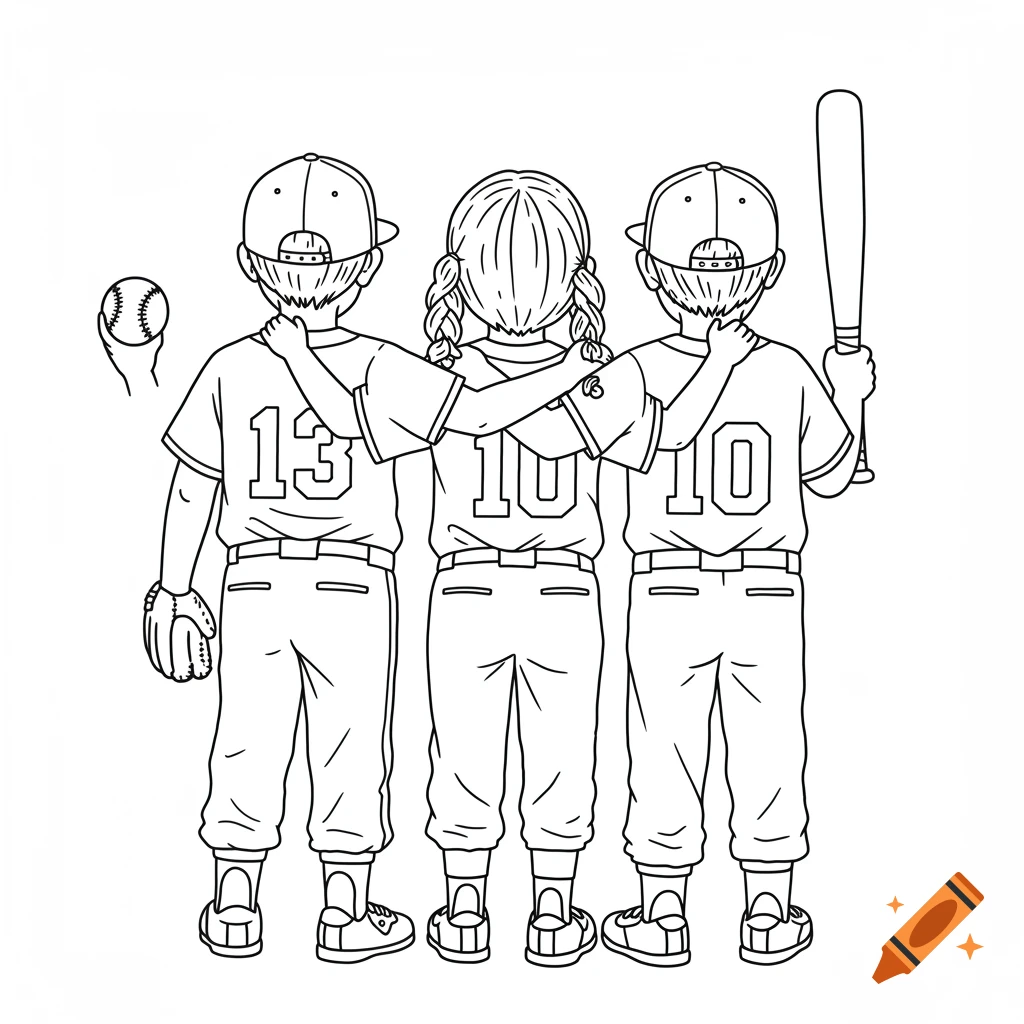 Line art of three children in baseball uniforms, seen from behind. Left child wears 13 with glove, middle wears 10, right wears 10 with bat.