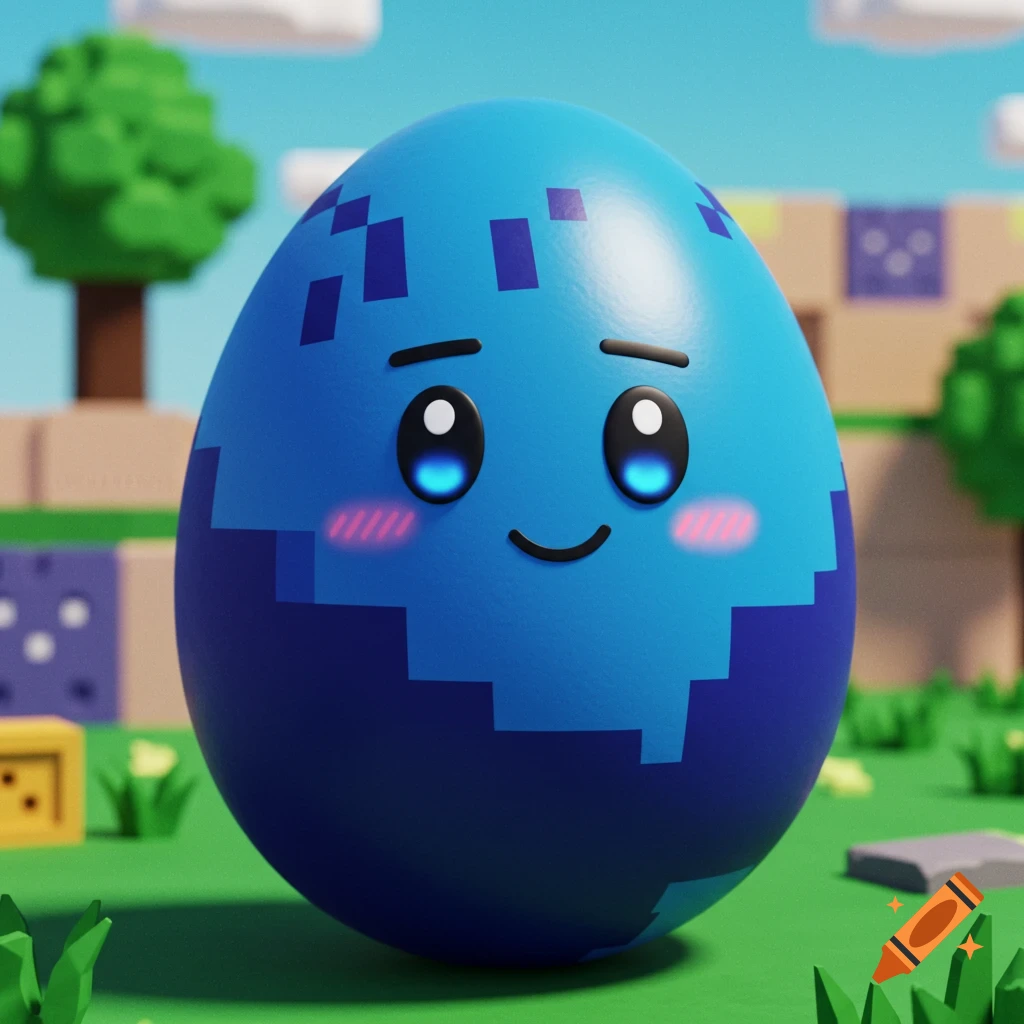 A cute, blue pixelated egg character with big eyes and blush marks on green, blocky terrain, in a video game style.
