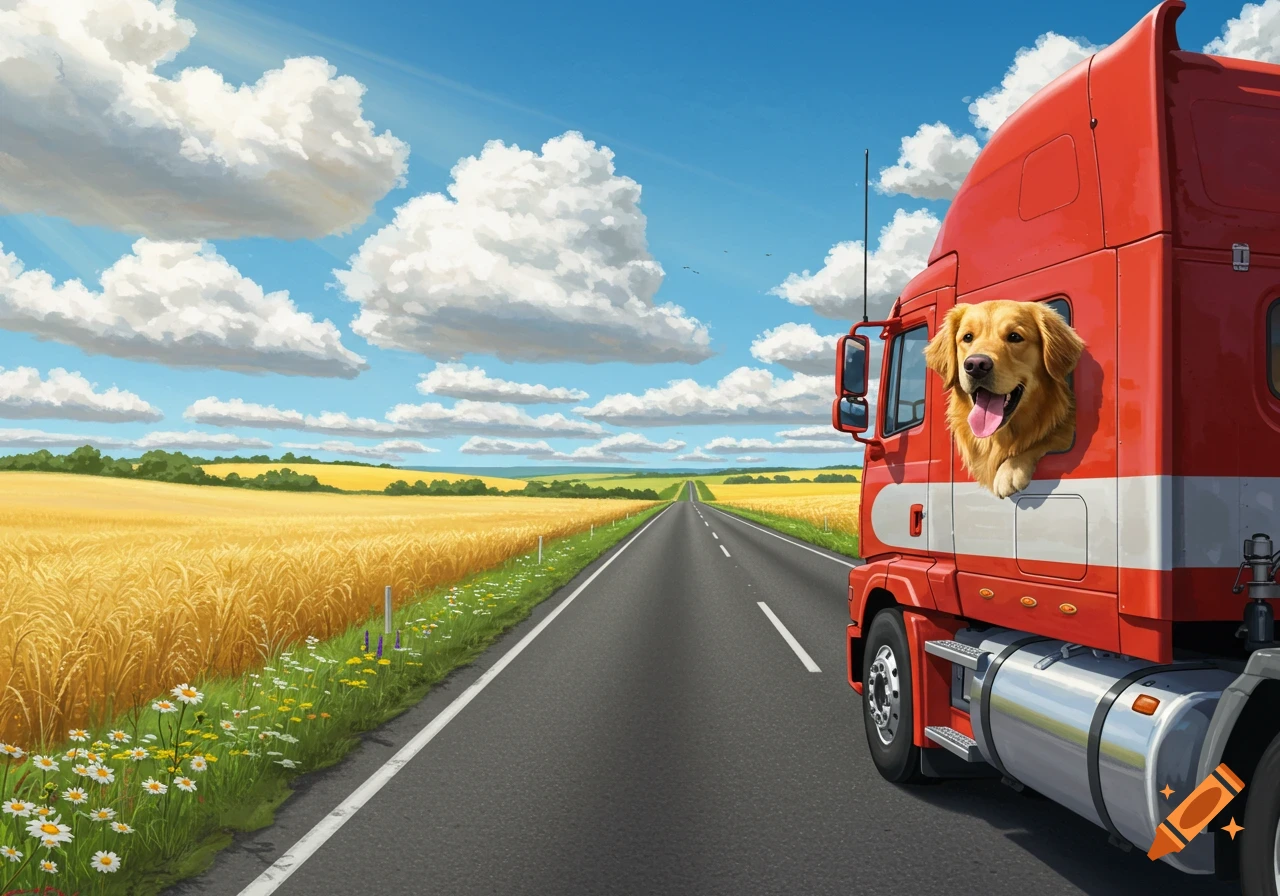 A happy golden retriever sticks its head out the window of a red semi-truck driving on a highway through golden wheat fields.