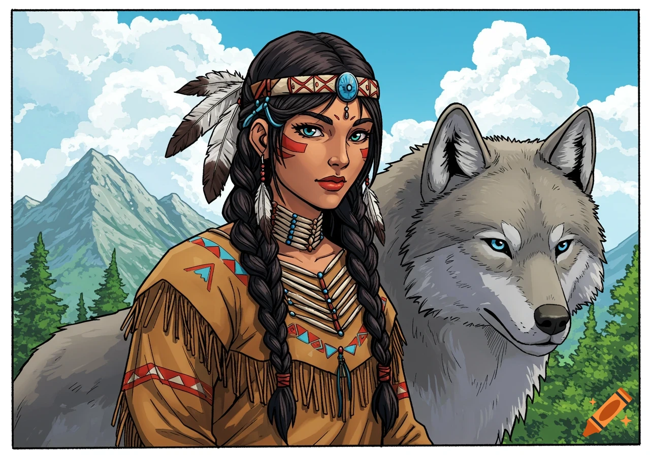 Comic art of a Native American woman in traditional clothing with a wolf against mountains and a blue sky.