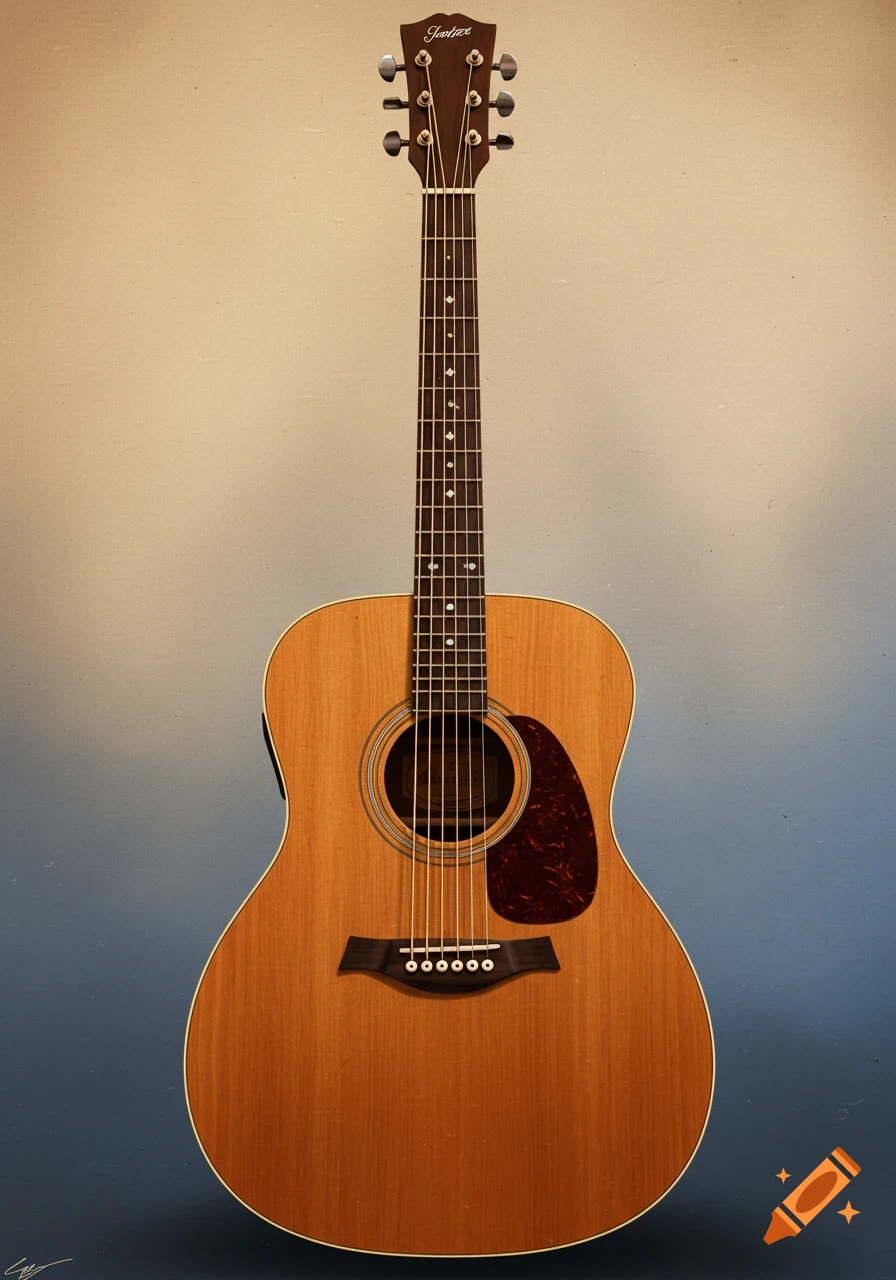 A photorealistic full-shot image of a wooden acoustic guitar with a dark headstock, reddish pickguard, and white fretboard markers, standing against a light and dark blue gradient background.