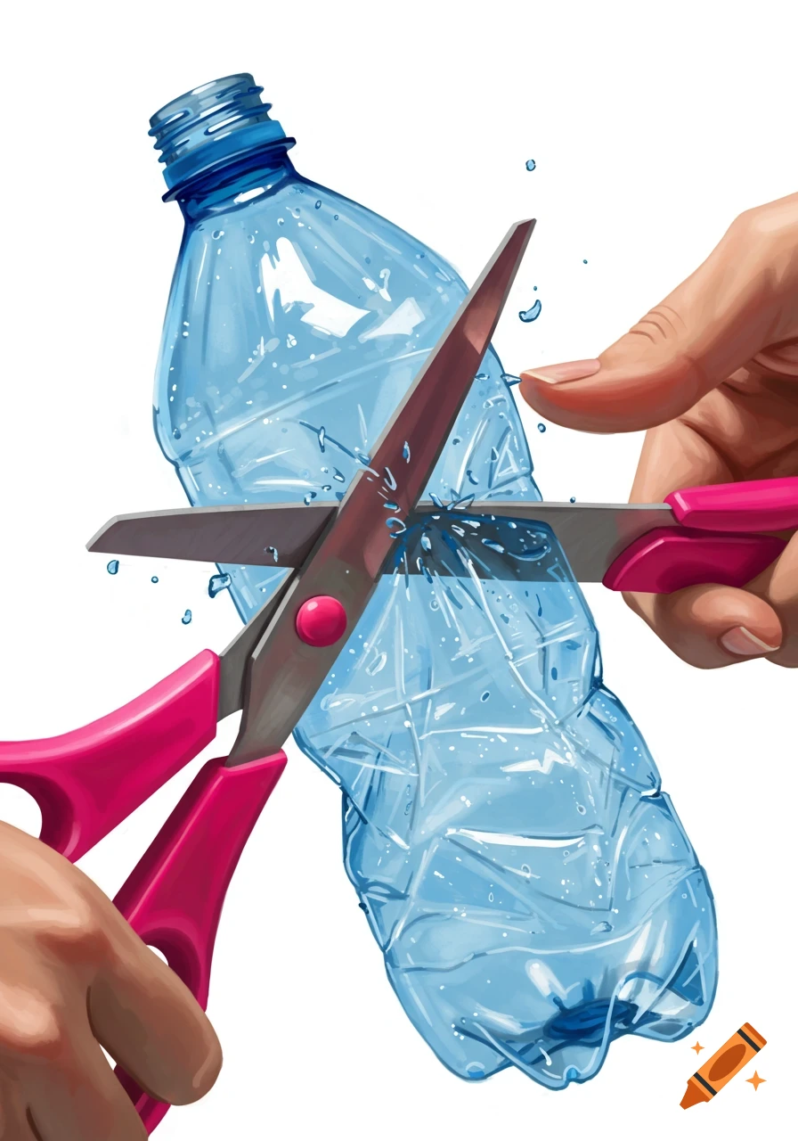 A hand uses pink scissors to cut a plastic water bottle, with water drops splashing. Illustrated style.